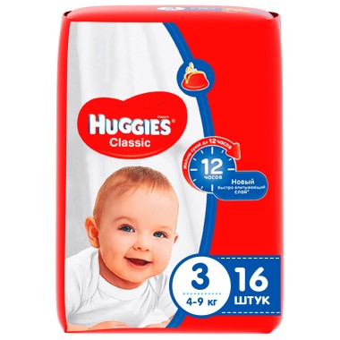 Подгузники Huggies Classic Soft Dry 3 размер 4-9 кг 16 шт — Городок мастеров